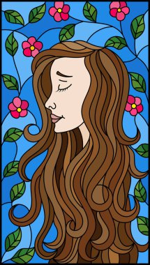 Vitray tarzı resim olan bir kızla kahverengi saç ve ağaç dalları zemin üzerine çiçekli mavi gökyüzü illüstrasyon