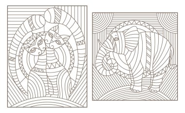 Vitray soyut kediler ve fil, beyaz zemin üzerine koyu ana hatları ile tarzı anahat çizimleri kümesi