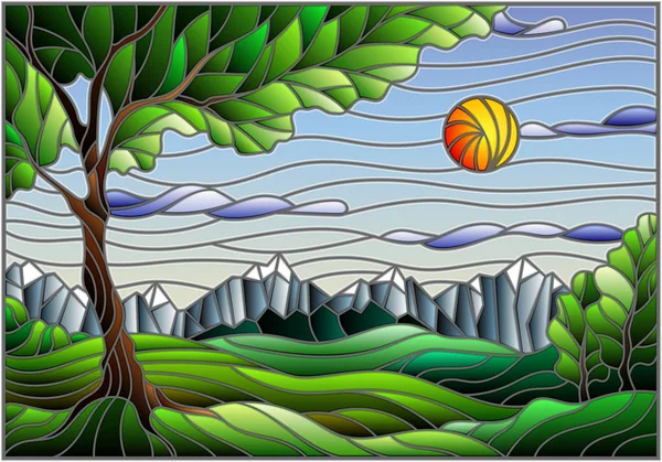 Illustration Glasmalereistil Mit Landschaft Grünem Baum Auf Berglandschaft Und Sonnigem — Stockvektor