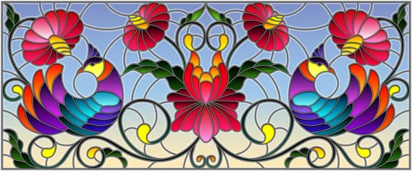 Illustration Stained Glass Style Pair Abstract Purple Birds Flowers Patterns — Stock Vector
