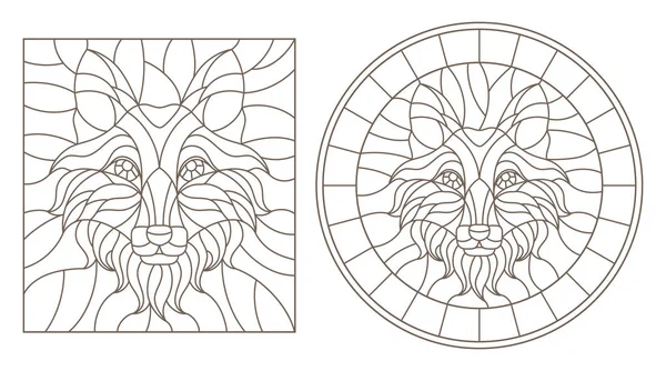 Набор Контурных Витражей Лисьей Головой Круглое Квадратное Изображение Темный Контур — стоковый вектор