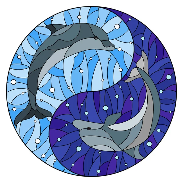 Illustration Glasmalereistil Mit Zwei Delfinen Auf Dem Hintergrund Von Wasser — Stockvektor