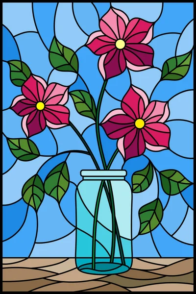 Ilustración Estilo Vitral Con Bodegón Ramo Flores Rosadas Frasco Vidrio — Vector de stock