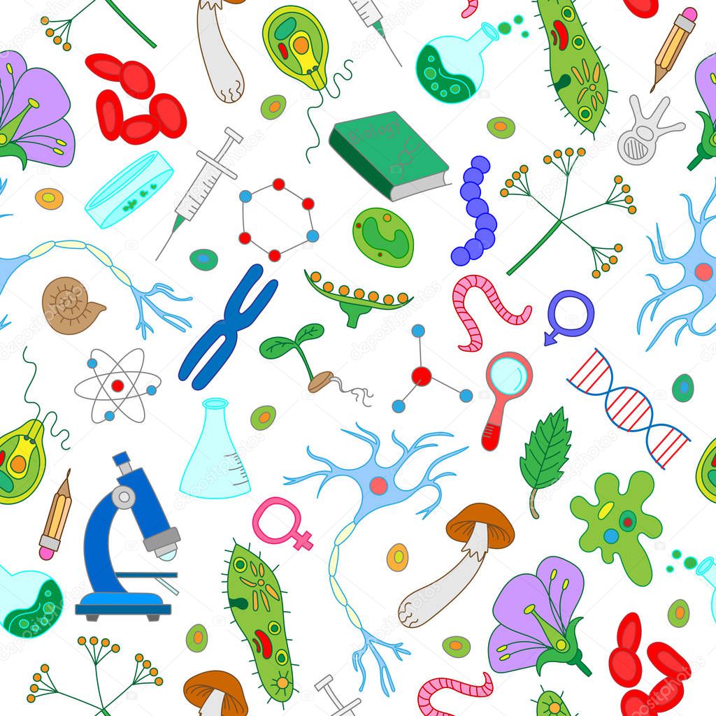 Seamless pattern with simple icons on biology and learning color icons on green background