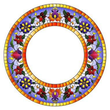 Vitray tarzı çiçek çerçeve, parlak çiçek ve beyaz zemin üzerine mavi çerçeve içinde yaprak çizimde