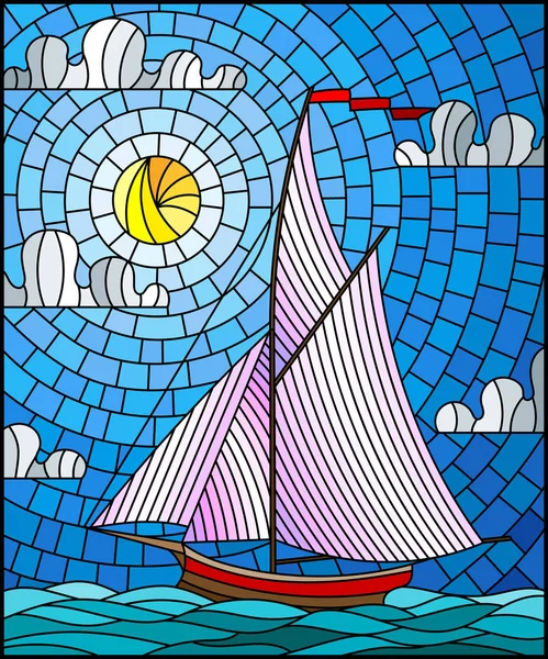 Ilustración Estilo Vitral Con Barco Navegando Con Velas Blancas Contra — Vector de stock