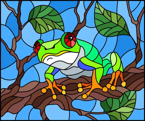 彩色玻璃的插图在植物枝上有明亮的绿色青蛙背景与叶子在蓝色背景下 — 图库矢量图片