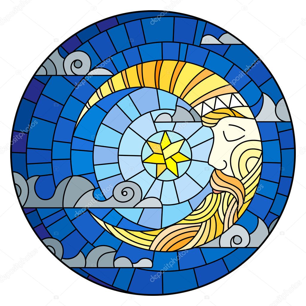 Illustration in stained glass style with moon on cloudy sky background, round image