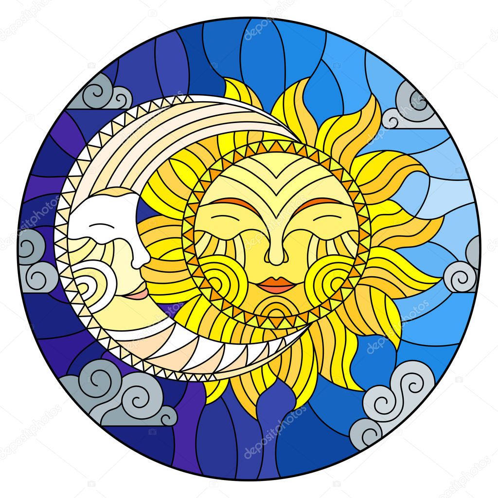 Illustrazione Stile Vetrate Sole Astratto Luna Nel Cielo Immagine Rotonda Grafica Vettoriale