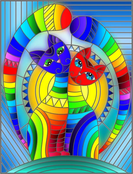Иллюстрация Витражном Стиле Парой Абстрактных Геометрических Радужных Кошек Синем Фоне — стоковый вектор