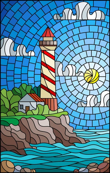 插图在彩色玻璃风格与灯塔在海的背景和晴朗的天天空 — 图库矢量图片
