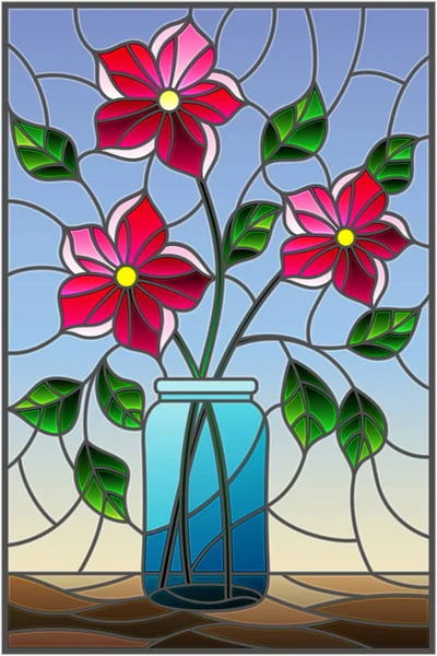 Ilustración Estilo Vitral Con Bodegón Ramo Flores Rosadas Frasco Vidrio — Vector de stock