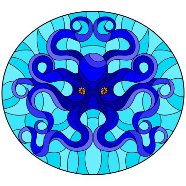 Vitray tarzı resim yuvarlak mavi bir deniz karşı Soyut Mavi ahtapot ile resimde