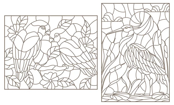 Konturbilder Mit Vögeln Reiher Und Einem Paar Papageien Turteltäubchen Dunkle — Stockvektor