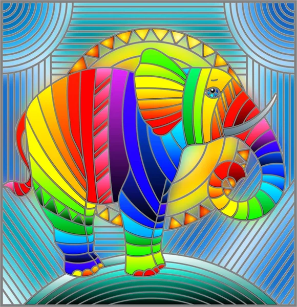 Ilustração em estilo vitral elefante abstrato arco-íris fundo geométrico com sol — Vetor de Stock