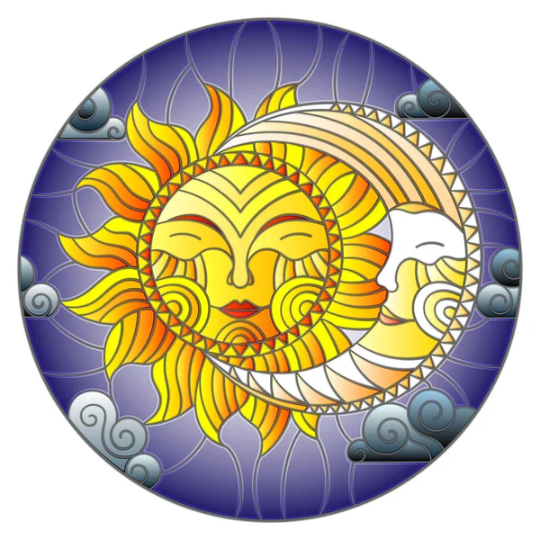 ステンド グラス スタイル、抽象的な太陽と月の空、丸いイメージのイラスト — ストックベクタ