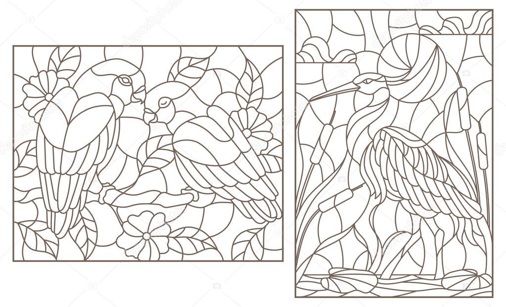 Set of contour illustrations with birds, Heron and a pair of parrots lovebirds, dark contours on a white background