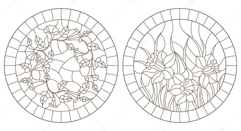Set of contour illustrations with colors, loam and daffodils in frames, round images, dark contours on white background