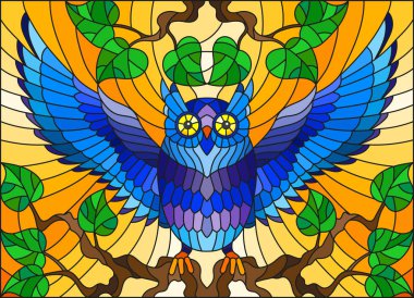 Bir ağaç dalı turuncu gökyüzü karşı oturup muhteşem mavi baykuş stiliyle vitray çizimde