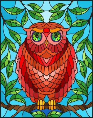 Bir ağaç dalı gökyüzüne karşı oturup muhteşem kırmızı baykuş stiliyle vitray çizimde