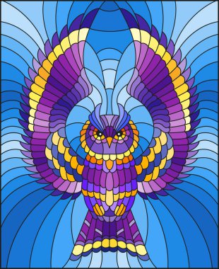 İllüstrasyon soyut mor baykuş gökyüzü arka plan üzerinde uçan ile vitray tarzında