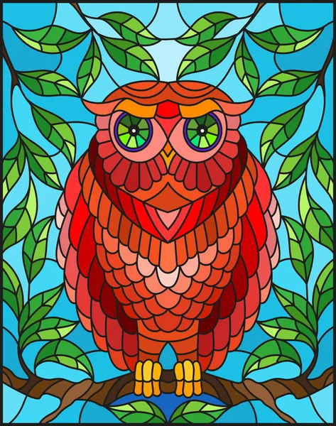 Bir ağaç dalı gökyüzüne karşı oturup muhteşem kırmızı baykuş stiliyle vitray çizimde