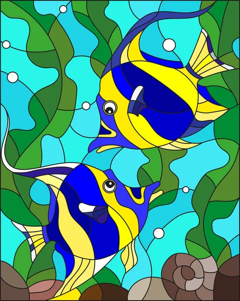 Illustration Style Vitrail Avec Une Paire Poissons Rayés Jaune Bleu — Image vectorielle