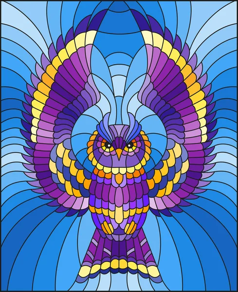 İllüstrasyon soyut mor baykuş gökyüzü arka plan üzerinde uçan ile vitray tarzında