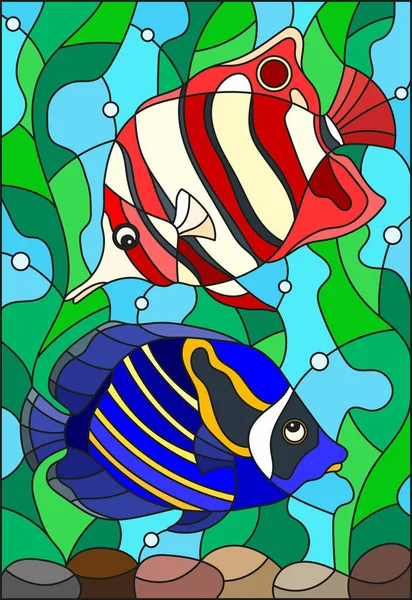 水和藻类背景下的一对亮鱼彩色玻璃风格插图 — 图库矢量图片