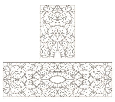 Kontur Vitray resimler beyaz zemin üzerine koyu kontür soyut simetrik çiçekli set