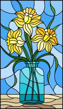 Vitray tarzı natürmort, mavi bir arka plan üzerinde bir cam kavanoza sarı nergis buket ile resimde