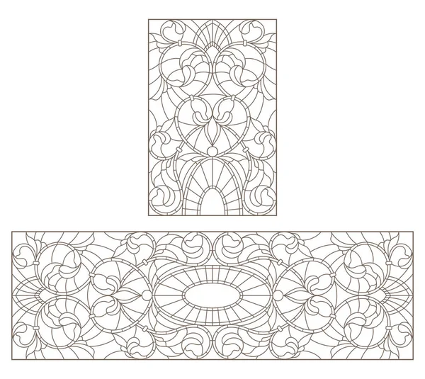 Kontúr Ólomüveg Illusztrációk Absztrakt Szimmetrikus Virágokkal Fehér Alapon Sötét Kontúrok — Stock Vector