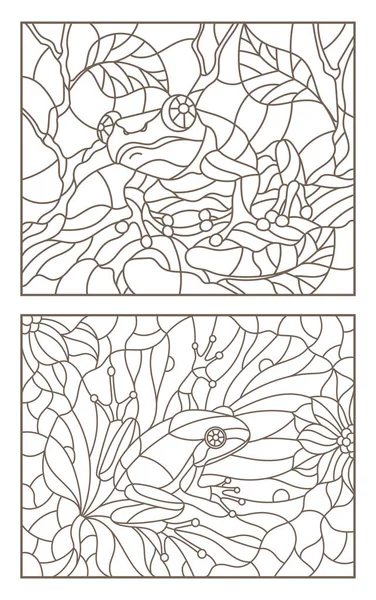 Conjunto Ilustraciones Contorno Vidrieras Con Ranas Sobre Plantas Contornos Oscuros — Vector de stock