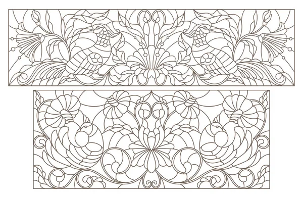 Set Contour Illustrations Stained Glass Abstract Flowers Birds Dark Outline — Stock Vector