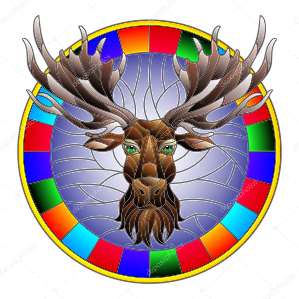 Illustration in stained glass style with moose head in round frame on white background