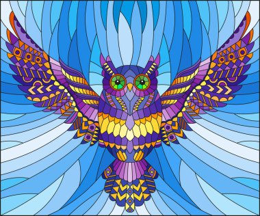 İllüstrasyon soyut mor baykuş gökyüzü arka plan üzerinde uçan ile vitray tarzında