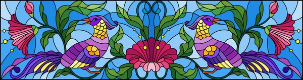 Illustratie Gebrandschilderd Glas Stijl Met Een Paar Abstract Vogels Bloemen — Stockvector