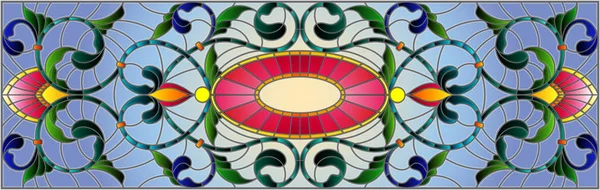 Иллюстрация Витражном Стиле Абстрактными Вихрями Цветами Листьями Синем Фоне Горизонтальная — стоковый вектор