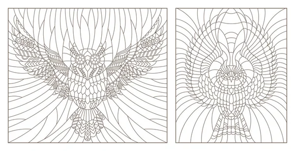 Установить Контурную Иллюстрацию Летящей Совы Темные Контуры Светлом Фоне — стоковый вектор