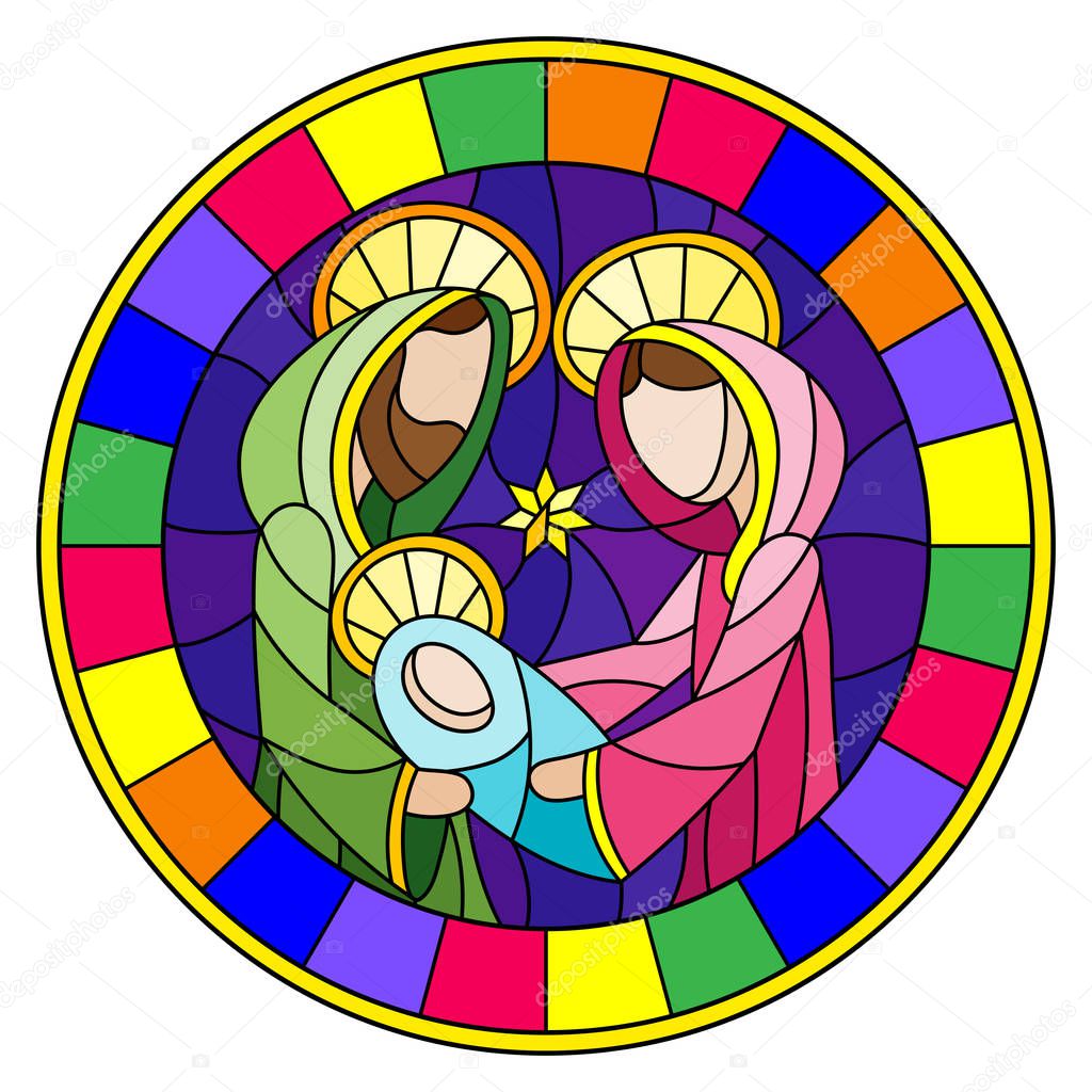 Illustration in stained glass style on biblical theme, Jesus baby with Mary and Joseph, abstract figures on blue background, round image in bright frame