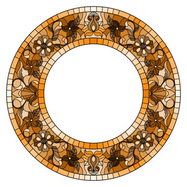 Vitray tarzı çiçek çerçeve, resimde çiçekler ve çerçeve içinde beyaz bir arka plan üzerinde tek renkli kahverengi yaprakları