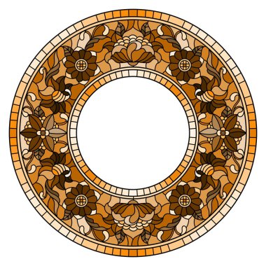 Vitray tarzı çiçek çerçeve, resimde çiçekler ve çerçeve içinde beyaz bir arka plan üzerinde tek renkli kahverengi yaprakları