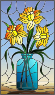 Vitray tarzı natürmort, mavi bir arka plan üzerinde bir cam kavanoza sarı nergis buket ile resimde