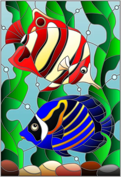 Ilustración Estilo Vitral Con Par Peces Brillantes Sobre Fondo Agua — Vector de stock