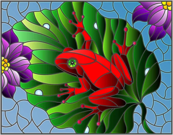 水与花上荷叶上的红蛙彩绘玻璃风格插图 — 图库矢量图片