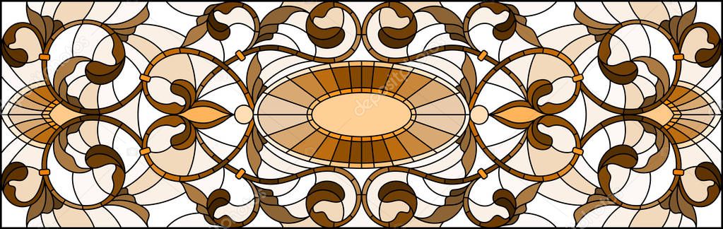 Illustration in stained glass style with abstract  swirls and leaves  on a light background,horizontal orientation, sepia