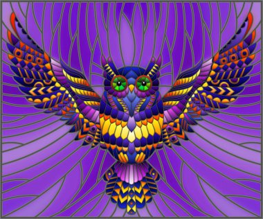 İllüstrasyon soyut mor baykuş gökyüzü arka plan üzerinde uçan ile vitray tarzında