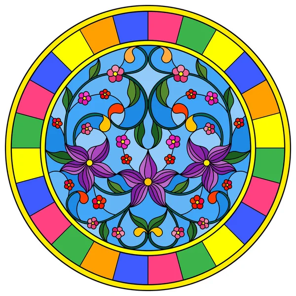 Ilustración Estilo Vitral Con Flores Hojas Abstracción Sobre Fondo Azul — Vector de stock