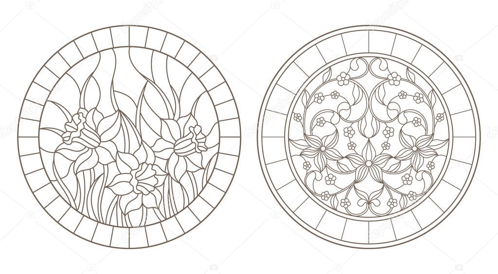 Set of contour illustrations with colors, round images, dark contours on white background