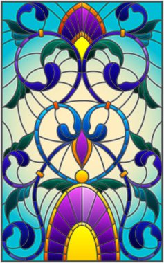 İllüstrasyon soyut swirls, vitray tarzında çiçekler ve mavi bir arka plan üzerinde bırakır